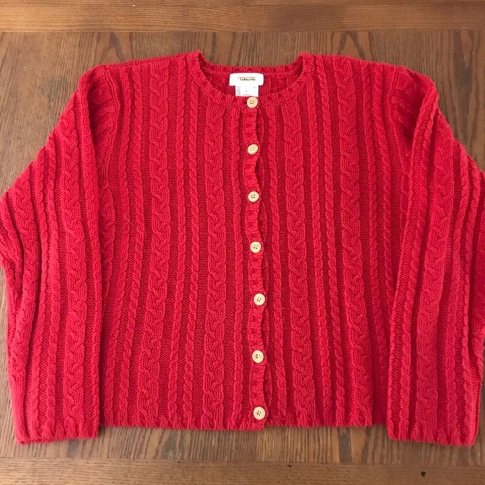 TALBOTS RED KNIT HOLIDAY CABLE KNIT CARDIGAN